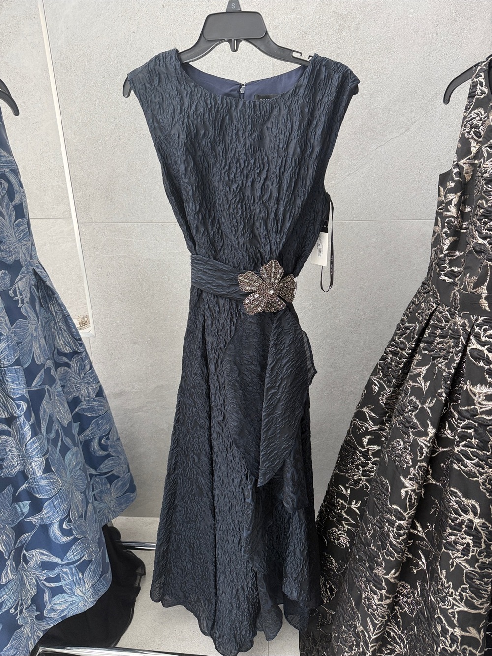 Tahari ASL Navy Textured Maxi Dress with Beaded Floral Belt